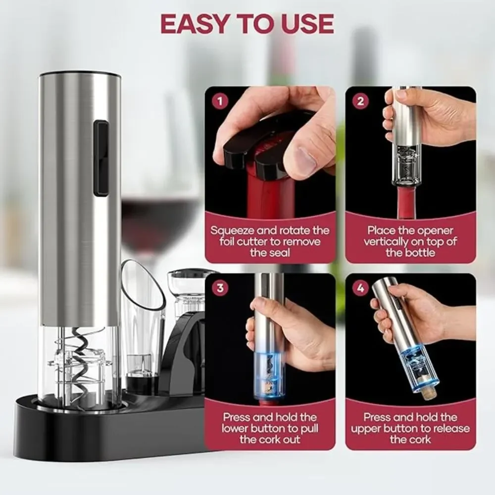 Rechargeable Electric Wine Bottle Openers Set Vacuum Stopper Foil Cutter Pourer